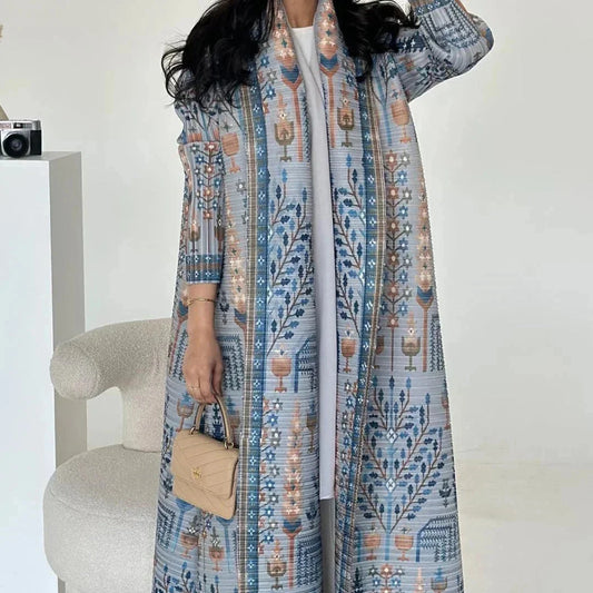 Pleated Print Cardigan Long Coat Arabic Robe Plus Size