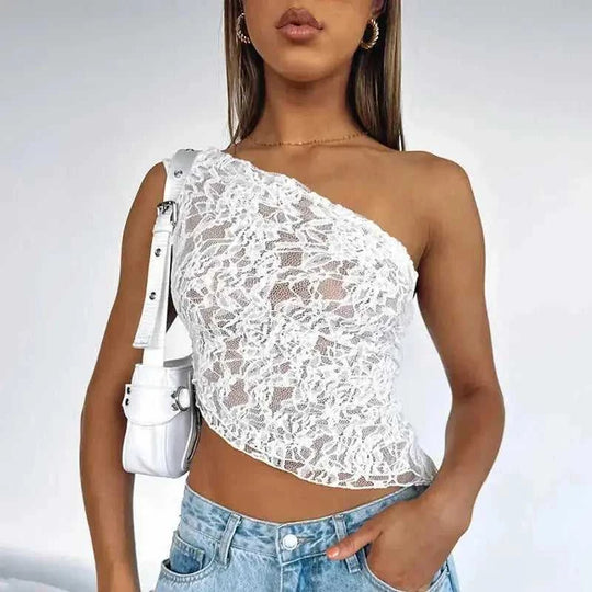 Ins Lace Backless Top Summer Solid Color Waistless Asymmetrical Sloped Neck Vest Streetwear Womens Clothes White - reverse...