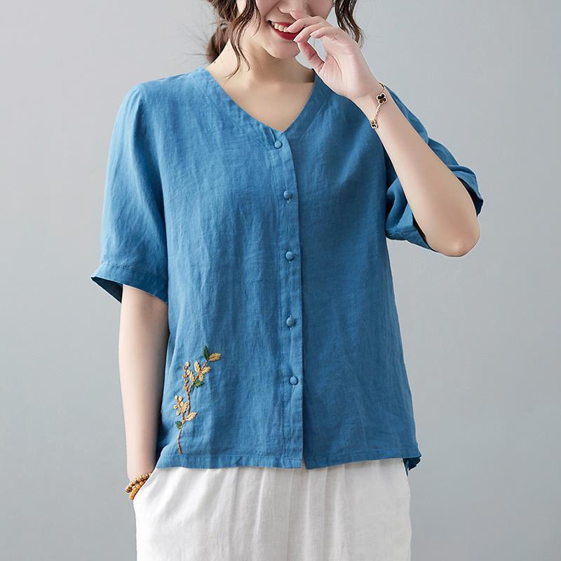 Women's Retro Linen Solid Color Short-sleeved T-shirt Meifu Market