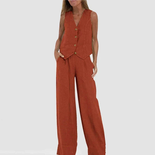 lightweight linen blend fabric | high-waisted wide-leg trousers | breathable sleeveless vest top | energy saving