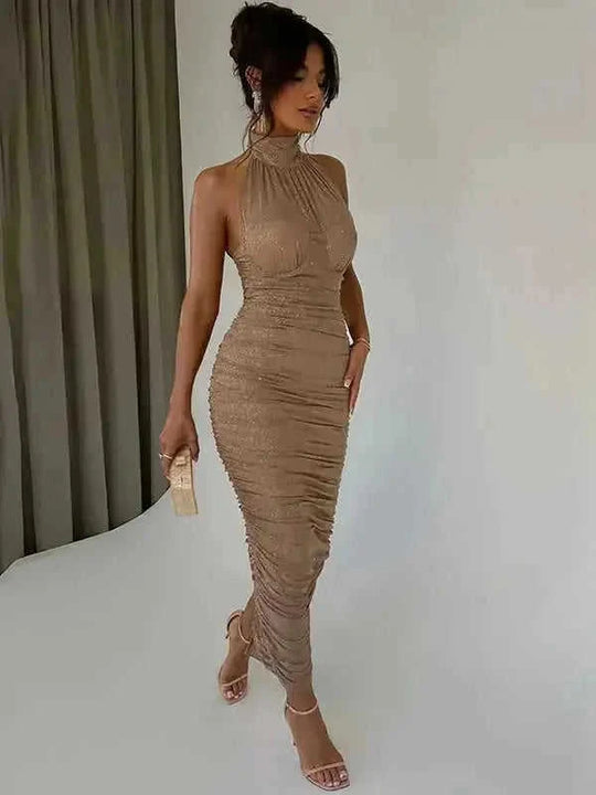 halter neck backless dress | silver bodycon dress | spandex blend cocktail dress | energy saving