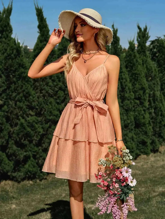 stretch fabric v-neck dress | adjustable waist strap dress | midi length summer dress | energy saving