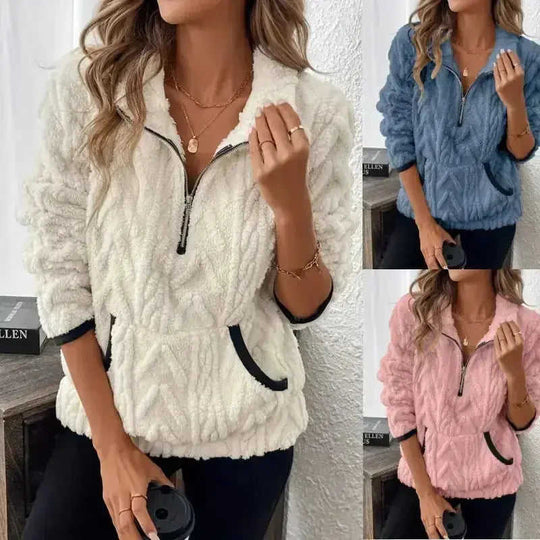 Contrast Color Half-open Collar Plush Women's Sweater Meifu Market