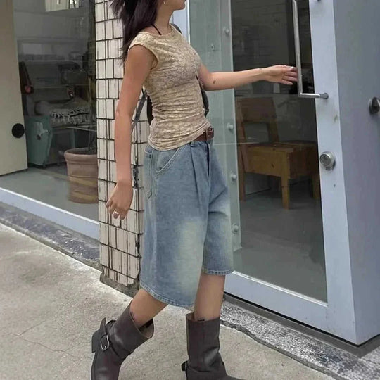 retro pleated denim shorts | wide leg denim shorts | straight cut denim shorts | ultrasonic cleaning