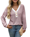 Women's V-neck Buttons Pullover Patchwork Casual Long-sleeved Top Meifu Market