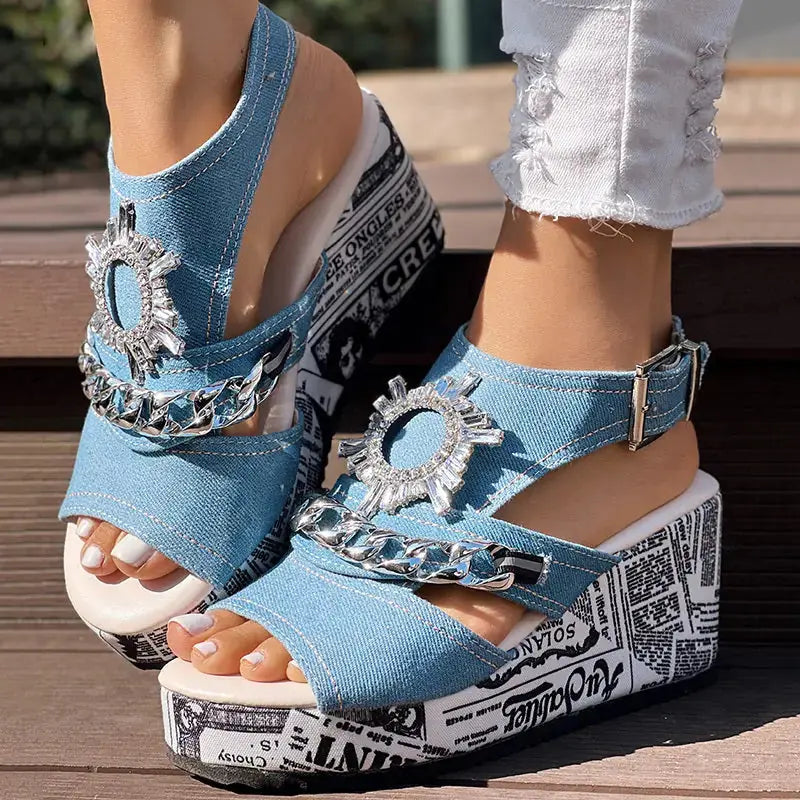 Newspaper Buckle Denim Wedge Slides - Anklet Not Included Meifu Market