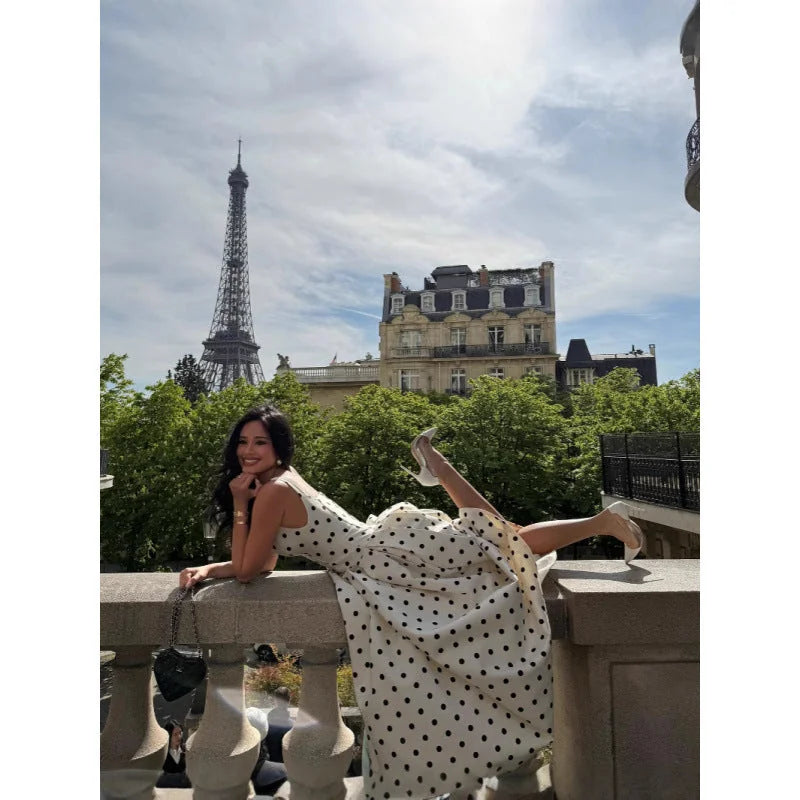 square collar dress | polka dot swing dress | cinched pleated dress | energy saving