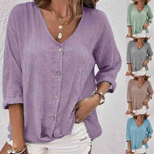 V-neck Long-sleeved T-shirt Fashion Solid Color Button Top Casual Loose Clothing For Women Meifu Market