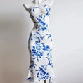 blue and white porcelain print | tube top sheath dress | elegant evening wear | ultrasonic cleaning