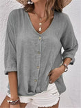 V-neck Long-sleeved T-shirt Fashion Solid Color Button Top Casual Loose Clothing For Women Meifu Market