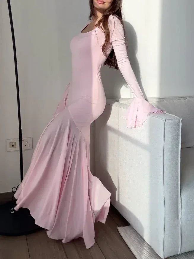 double layer chiffon maxi dress | ruffle sleeves evening dress | solid color wedding guest dress | ultrasonic cleaning