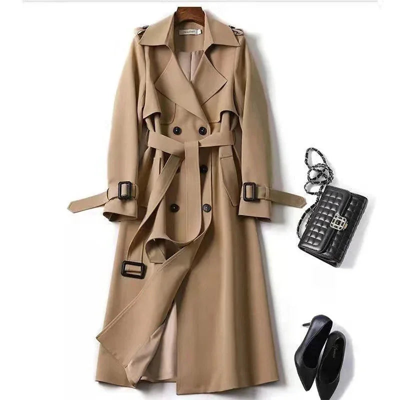 Women's Classic Trench Coat, Solid Color Long Sleeve Belted Mid-Length Jacket With Button Detail For Spring And Fall Meifu Market