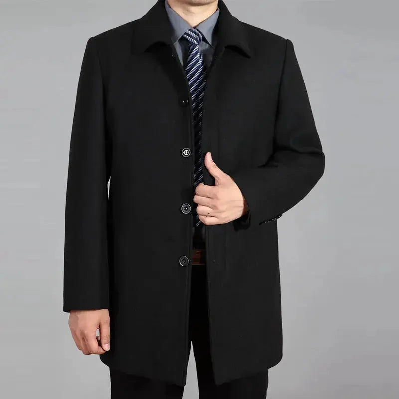 heavy wool blend coat | mid-length overcoat for men | winter warmth coat | ultrasonic cleaning