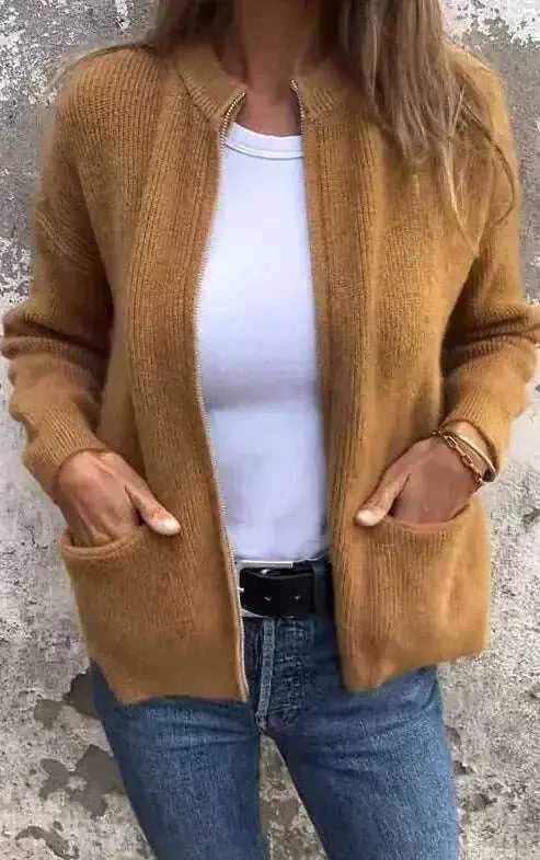 New Solid Color Casual Coat Zipper Sweater Cardigan Brown - packaging and presentation