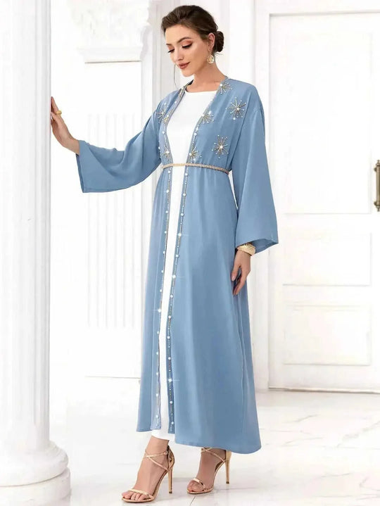 hand-stitched embroidery cardigan | lightweight travel kaftan gown | premium cotton long cardigan | ultrasonic cleaning