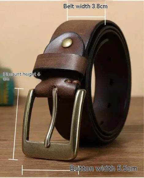 handmade pure copper buckle | full-grain cowhide leather belt | solid brass hardware construction | energy saving