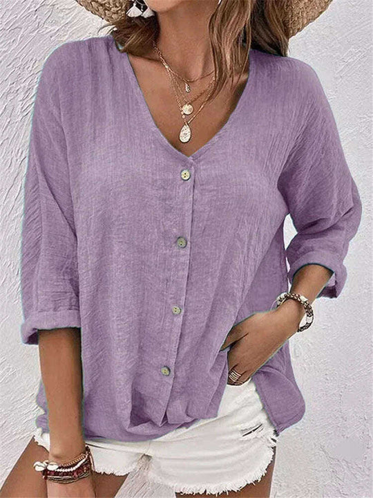 V-neck Long-sleeved T-shirt Fashion Solid Color Button Top Casual Loose Clothing For Women Meifu Market