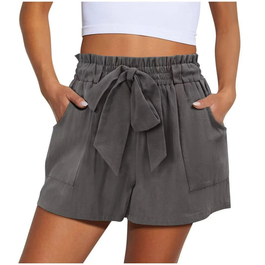 Summer New Elastic Waist Drawstring Knotted Short Solid Color Casual Women