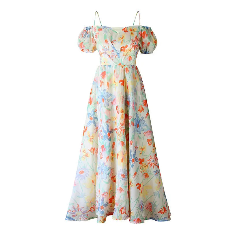 Off Shoulder Floral Printed Chiffon Maxi Dress 