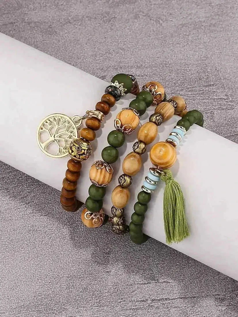 elastic bangle bracelet set | wooden beads jewelry | adjustable tree of life bracelet | energy saving