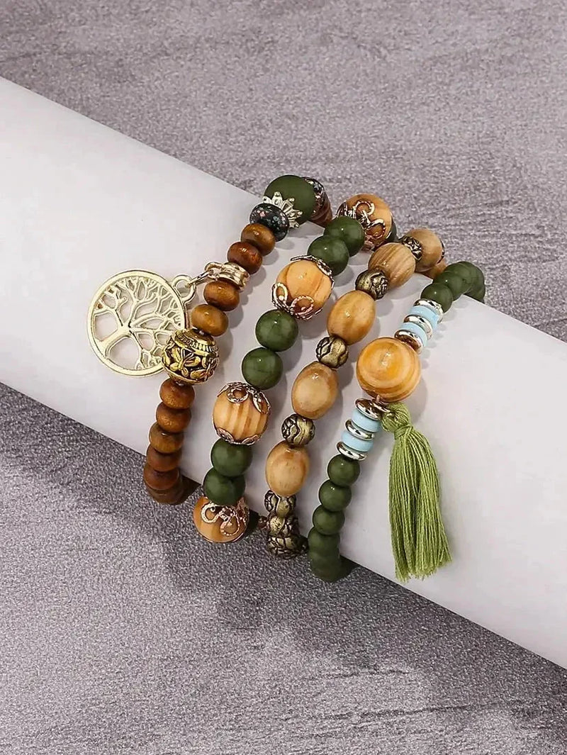 elastic bangle bracelet set | wooden beads jewelry | adjustable tree of life bracelet | energy saving