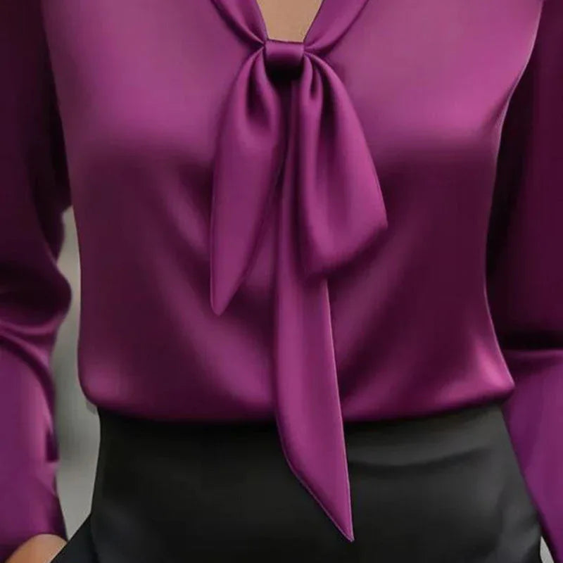 Women's Elegant Satin Blouse, Long Sleeve Button Down Shirt With Ribbon Detail For Office Work Meifu Market