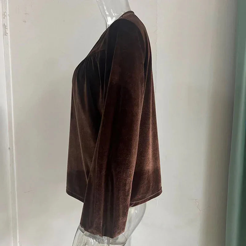 Women's Solid Color V-Neck Button Detail Long Sleeve Pullover Top Casual Elegant Office Blouse Meifu Market