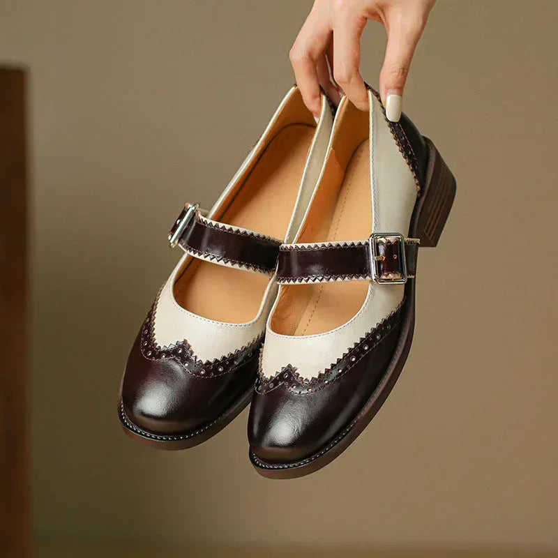 Square Head Female Color-blocking Leather Shoes Middle Documentary Meifu Market