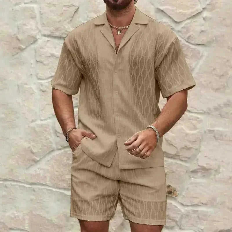 mens summer tracksuit set | loose fit casual two piece outfit | lapel button shirt and shorts set | ultrasonic cleaning