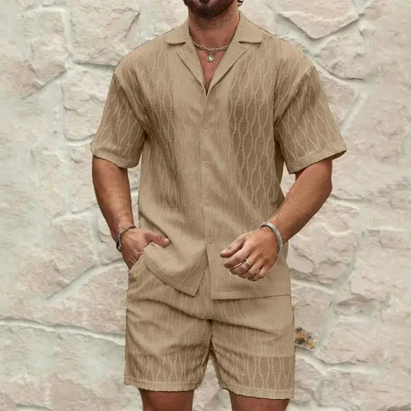 mens summer tracksuit set | loose fit casual two piece outfit | lapel button shirt and shorts set | ultrasonic cleaning