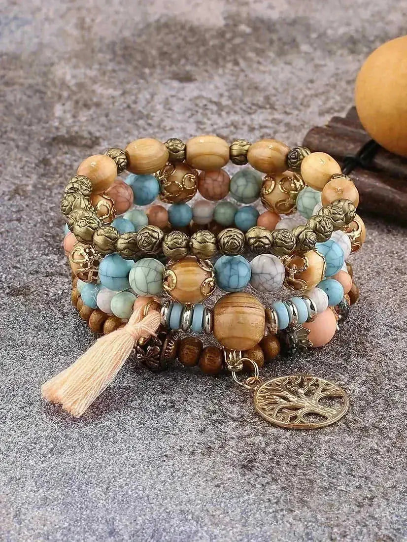 Boho Tree of Life Bracelet Set - 4 Piece Wooden Beads Elastic Bangle with Tassels Charm for Women - Meifu Market