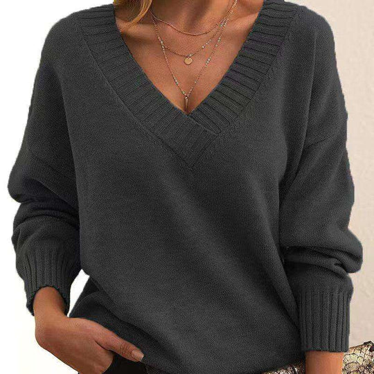 Solid V-neck Sweater Fashion Loose Long-sleeved Knitted Tops Autumn And Winter Women's Clothing Meifu Market