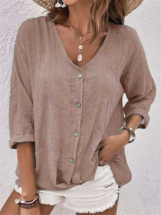 V-neck Long-sleeved T-shirt Fashion Solid Color Button Top Casual Loose Clothing For Women Meifu Market