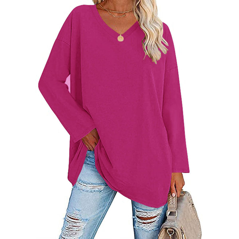 Solid Color Loose Drop Shoulder Sleeve V Neck Long Sleeve Blouse Meifu Market