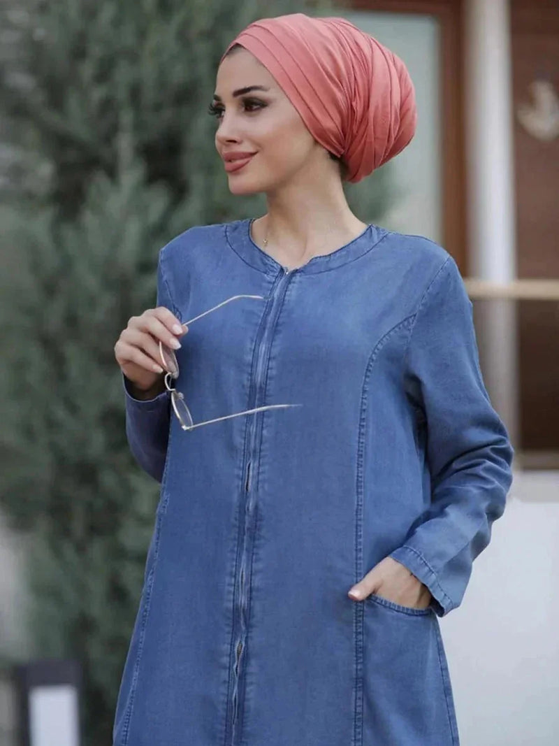 long sleeve denim dress | arabic style dress | zipper stitching details | energy saving
