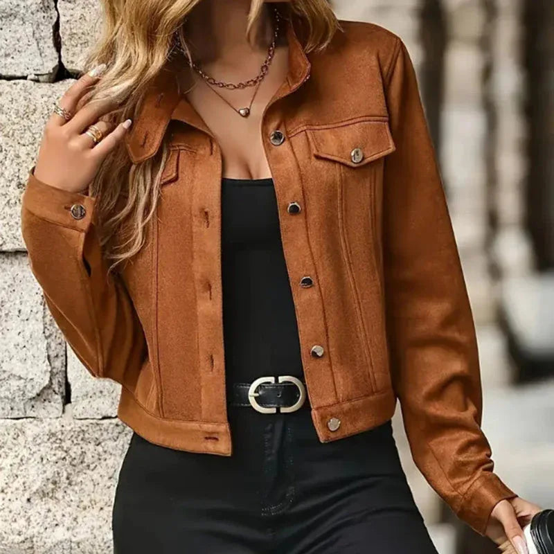 Women's Faux Suede Cropped Jacket, Vintage Stand Collar Short Coat Casual Button Up Fall Outwear Meifu Market