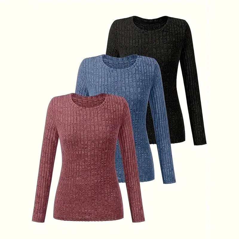 Women's 3 Pack Ribbed Knit Long Sleeve T-Shirt, Slim Fit Crewneck Top, Casual Basic Tee Meifu Market