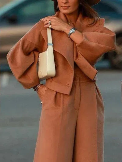 polyester blend suit set | petite size blazer pantsuit | high waisted trousers set | ultrasonic cleaning