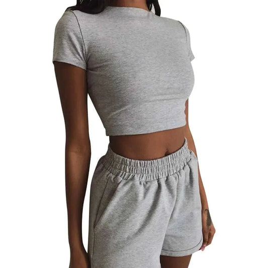 Casual Short Sleeve High Waist Crop Shorts Fashion Set