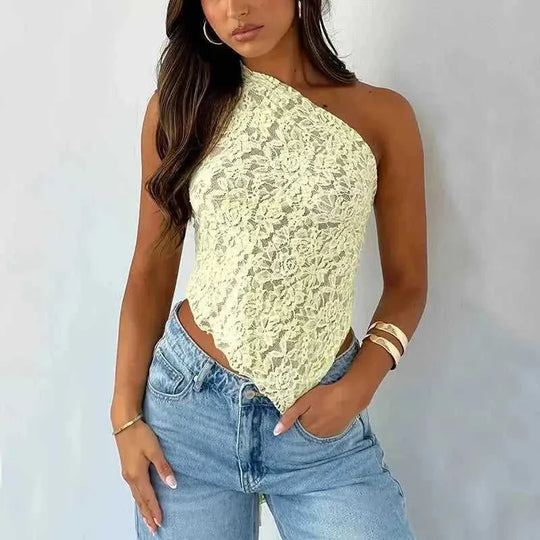 Ins Lace Backless Top Summer Solid Color Waistless Asymmetrical Sloped Neck Vest Streetwear Womens Clothes White - availab...