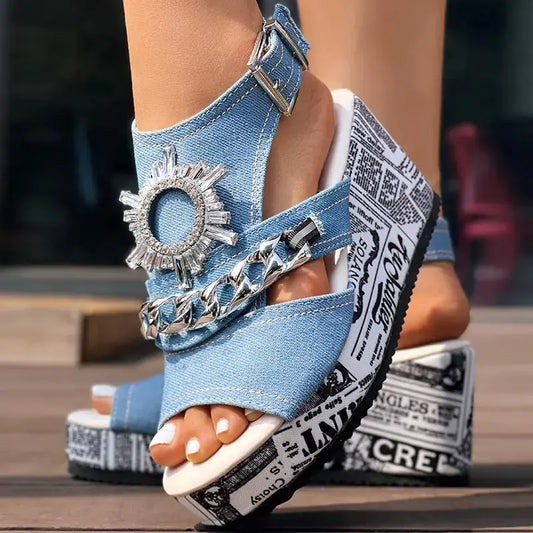 Newspaper Buckle Denim Wedge Slides - Anklet Not Included