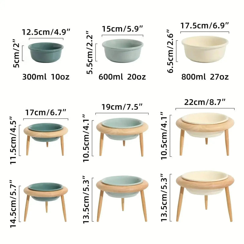 adjustable height pet bowl | ceramic cat food bowl set | elevated wooden pet feeder | energy saving