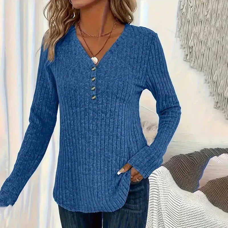 Womens Long Sleeves Ribbed Knit Tunic Shirts V Neck Button Down Tops Casual Tee Shirt Blouses Meifu Market