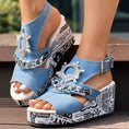 Newspaper Buckle Denim Wedge Slides - Anklet Not Included Meifu Market