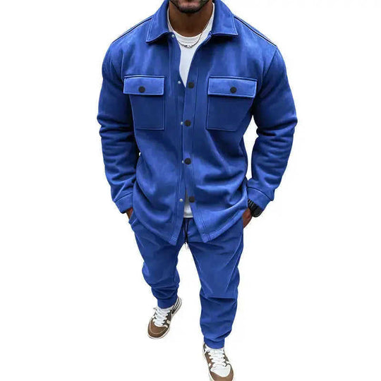 Men's Suede Solid Color Single-breasted Tooling Cardigan Two-piece Set Meifu Market