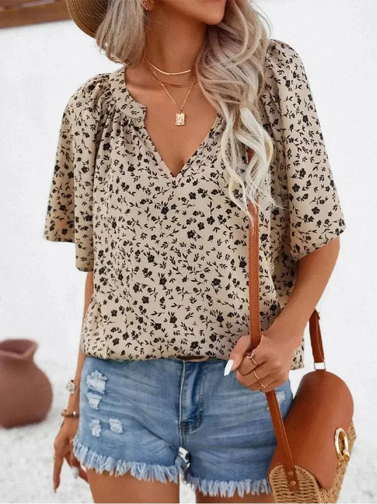 Plus Size Women's Shirts, All-Over Printed Short-Sleeved Stand-Up Collar Shirts, Women's Office Casual Tops