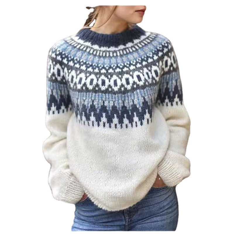 Round Neck Pullover Jacquard Vintage Print Sweater Meifu Market