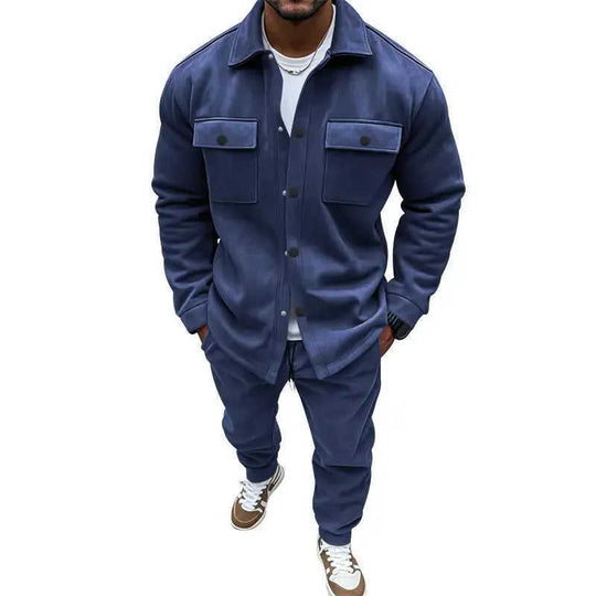 Men's Suede Solid Color Single-breasted Tooling Cardigan Two-piece Set Meifu Market
