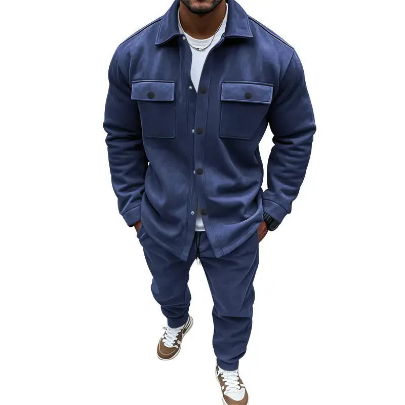 Men's Suede Solid Color Single-breasted Tooling Cardigan Two-piece Set Meifu Market