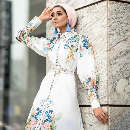 floral print maxi dress | puff sleeve lapel collar | button front long dress | ultrasonic cleaning